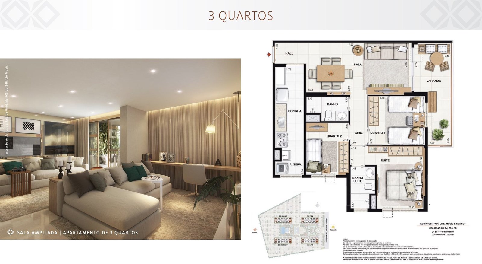 Planta do apartamento de 3 quartos do Like Residencial Club, com 77,34 m², suíte, dois quartos, sala ampliada e varanda