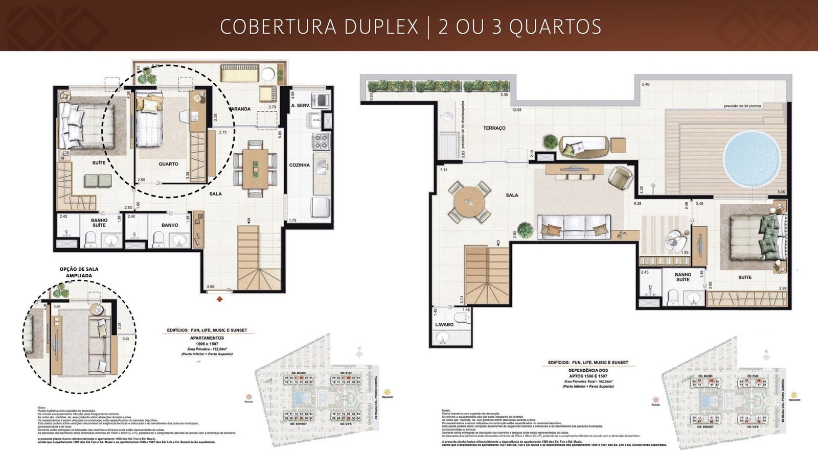 Planta da cobertura duplex de 162,24 m² do Like Residencial Club, unidades 1506 e 1507, com pavimento inferior e superior