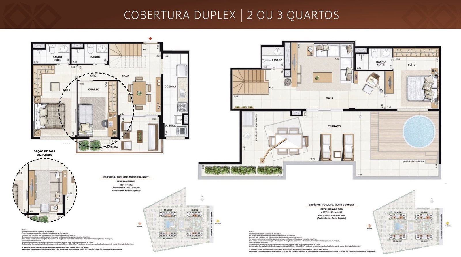 Planta da cobertura duplex de 167,82 m² do Like Residencial Club, unidades 1501 e 1512