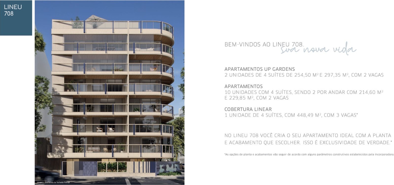 Fachada frontal do Lineu 708, com as varandas curvas