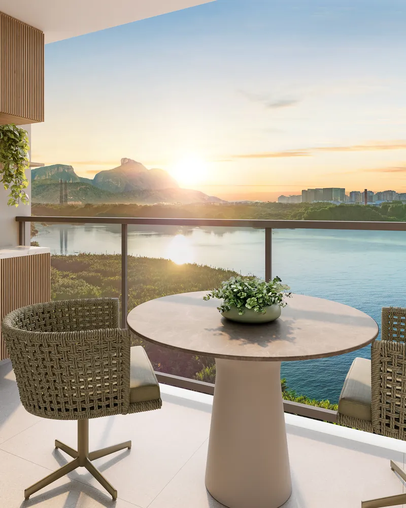 Breeze Residence - varanda com vista para a Lagoa de Jacarepaguá e a Pedra da Gávea, na Barra Olímpica
