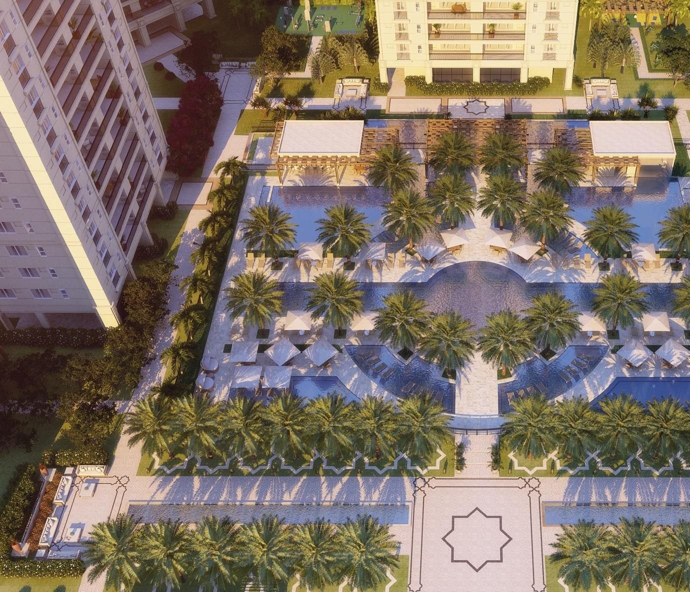 Vista aérea do lazer do Majestic Cidade Jardim, com as piscinas e os jardins