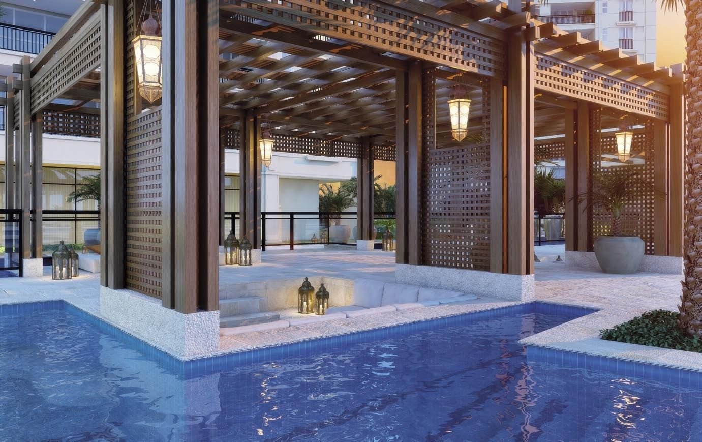 Pergolado à beira da piscina do Majestic Cidade Jardim