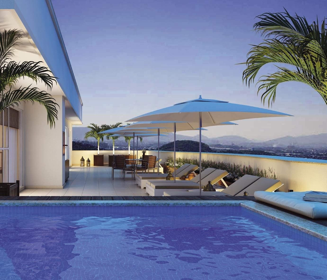 Varanda de cobertura do Majestic com piscina e vista