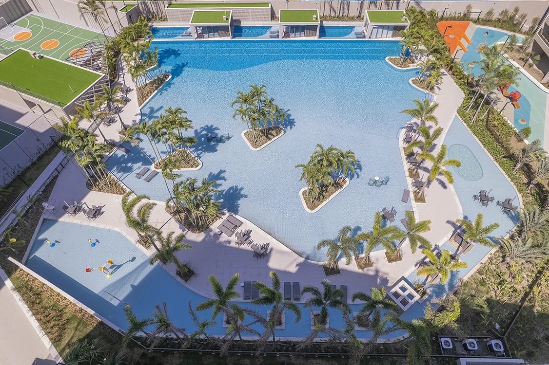 Vista aérea das piscinas do Orygem Acqua Home, na Barra da Tijuca