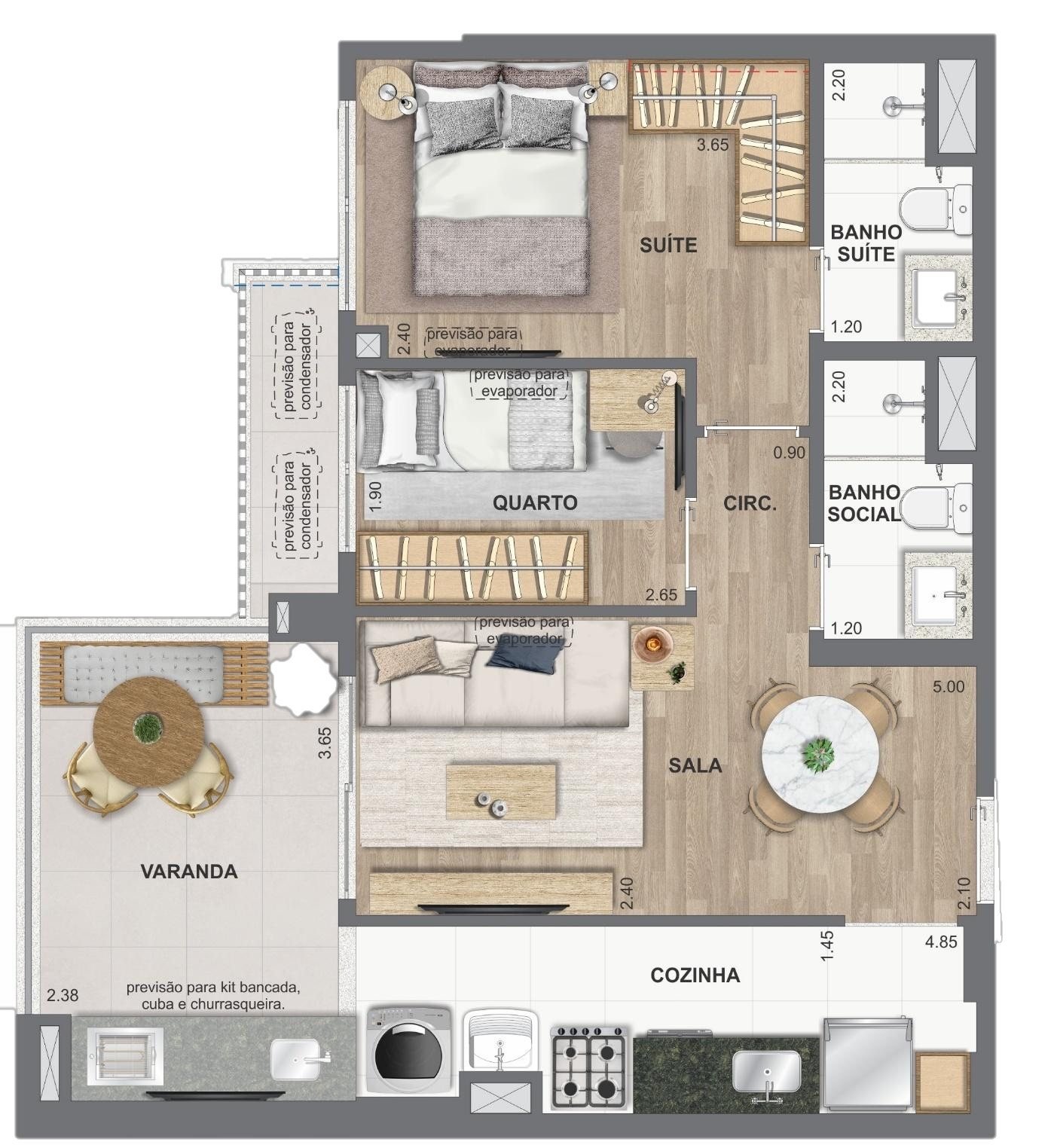 Planta humanizada do apartamento de 2 quartos de 59 e 60 m² do Ed. Fiji, com suíte, quarto, sala, cozinha e varanda