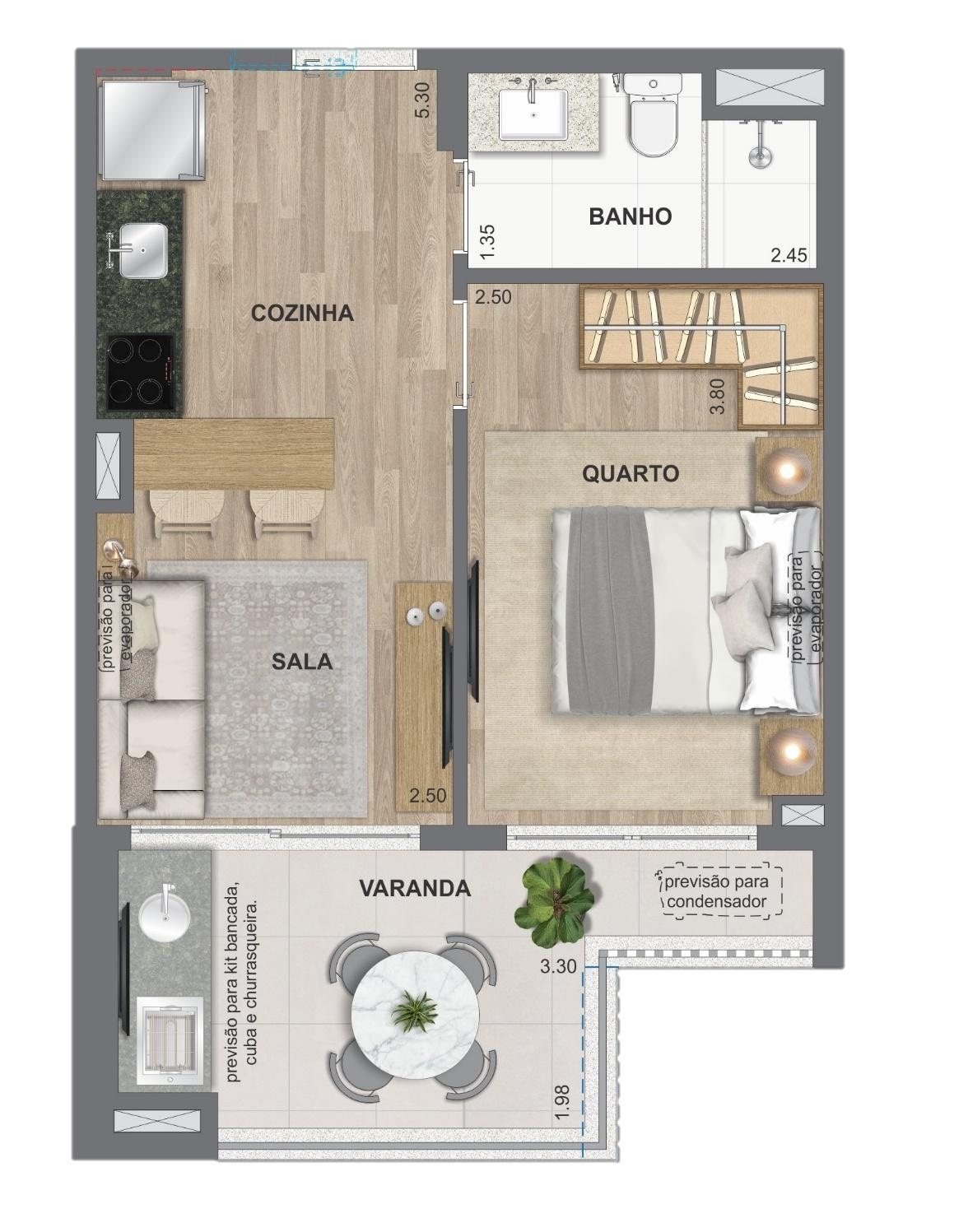 Planta humanizada da opção sala e quarto de 39 e 40 m² do Ed. Caribe