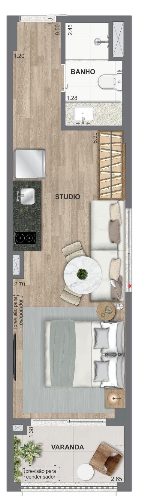 Planta humanizada do studio de 32 e 33 m² do Ed. Polinésia, com banheiro, studio integrado e varanda
