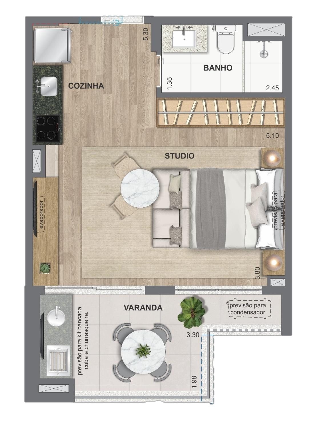 Planta humanizada do studio de 39 e 40 m² do Ed. Caribe, com cozinha, banheiro, studio e varanda