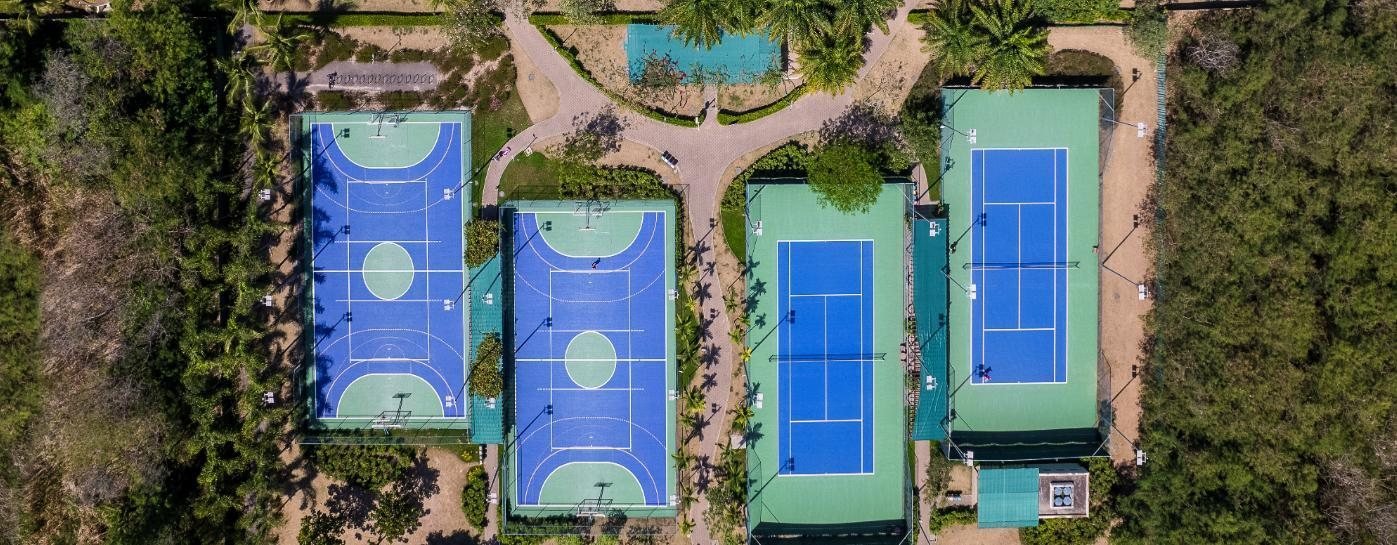 Vista aérea das quadras de tênis e áreas esportivas do Cidade Jardim