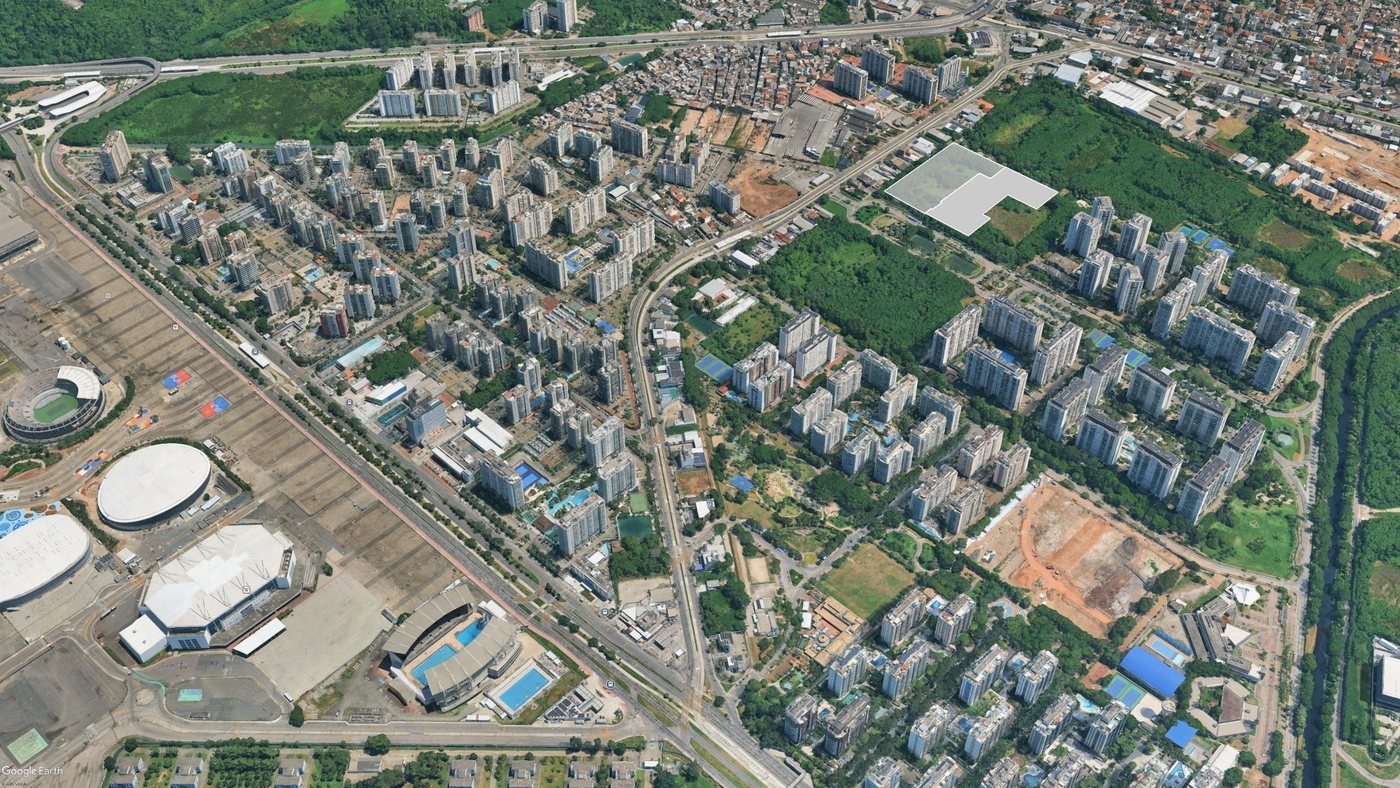 Vista aérea da Barra Olímpica mostrando o Cidade Jardim e o entorno do Parque Olímpico