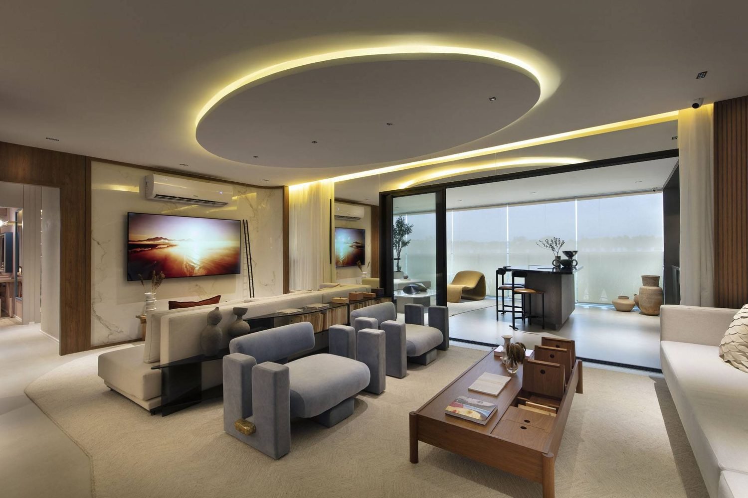 Living integrado à varanda no decorado de 172 m² do Ox