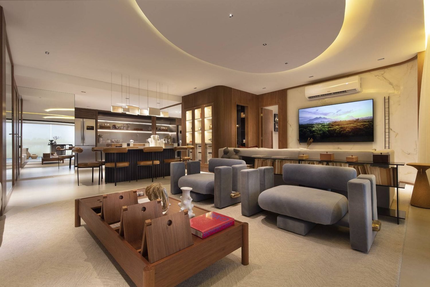 Living do apartamento decorado de 172 m² do Ox Park Design, foto real