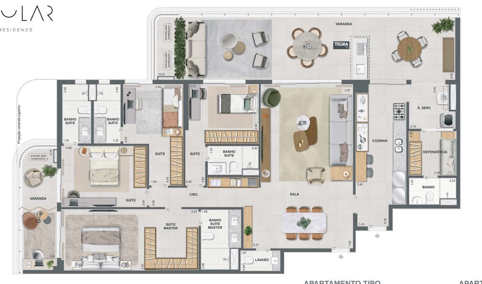 Planta da cobertura linear do Singular by Tegra, 4 suítes de 452 m²