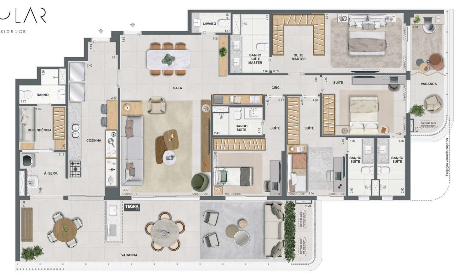 Planta do apartamento tipo do Singular by Tegra, coluna 1, 4 suítes de 223,58 m²