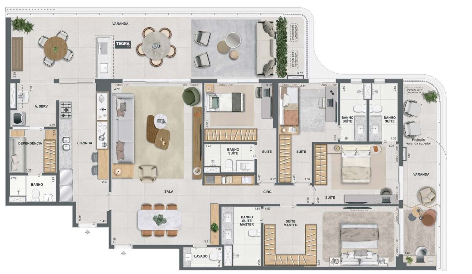 Planta do apartamento tipo do Singular by Tegra, colunas 2 e 4, 4 suítes de 227,00 m²