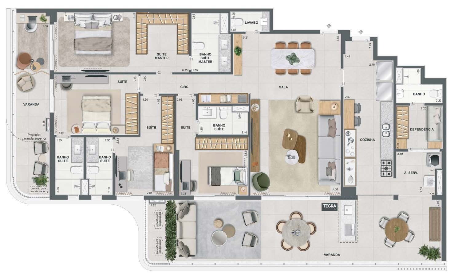 Planta do apartamento tipo do Singular by Tegra, coluna 3, 4 suítes de 229,49 m²