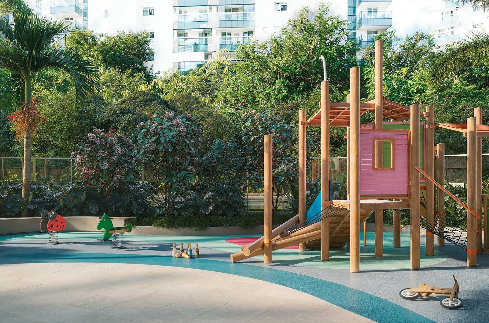 Playground ao ar livre do Singular by Tegra, cercado pelo paisagismo