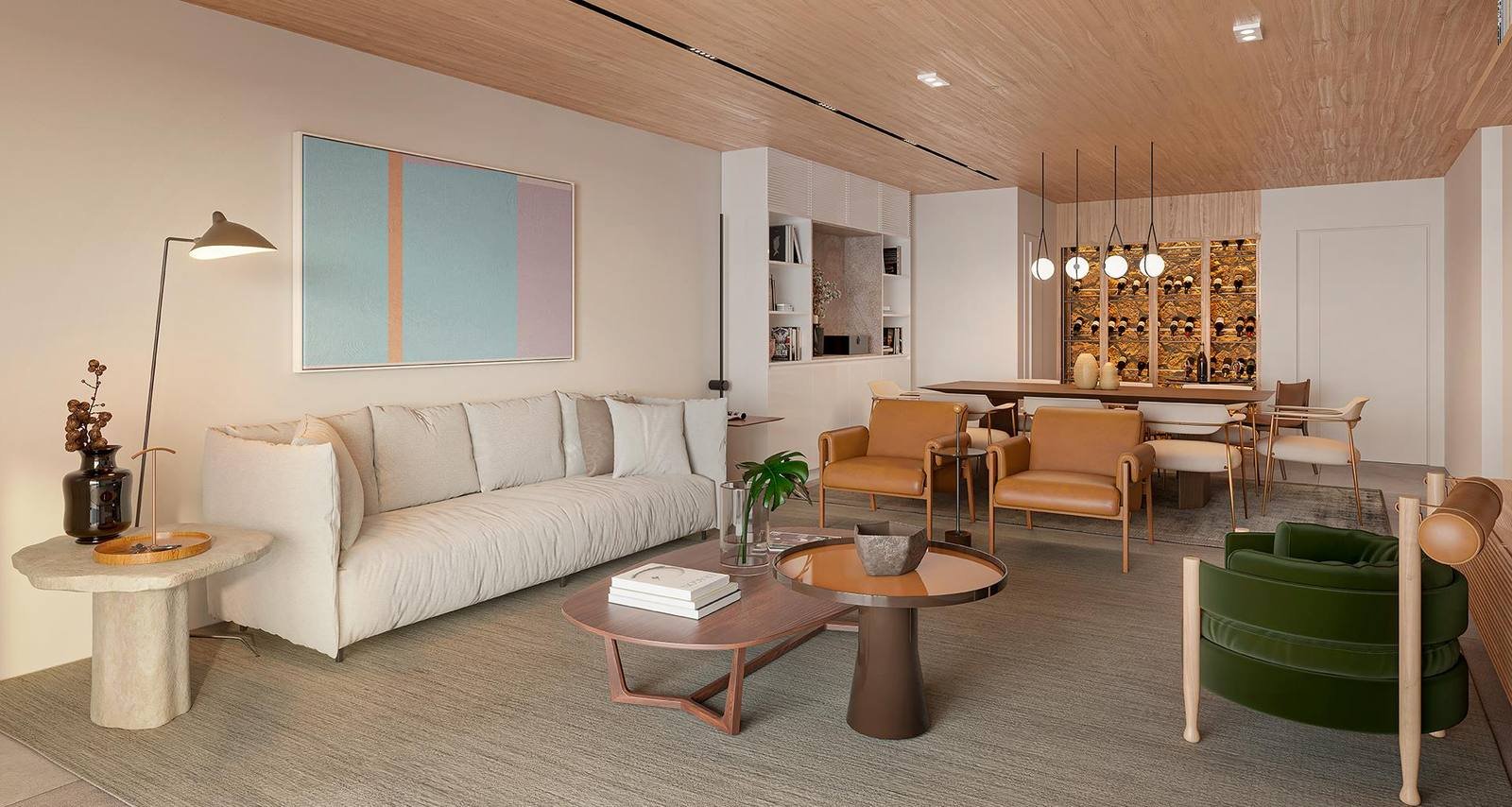 Sala de estar e jantar de apartamento do Tempo Ipanema, integrada à varanda