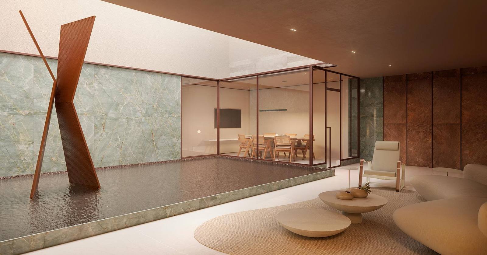 Lobby Nascimento Silva do Tempo Ipanema, com entrada de luz natural e sala de reunião em vidro