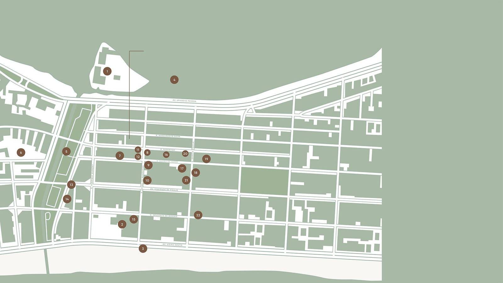 Mapa do entorno do Tempo Ipanema, com o Jardim de Alah, a Lagoa, os clubes e os restaurantes do bairro