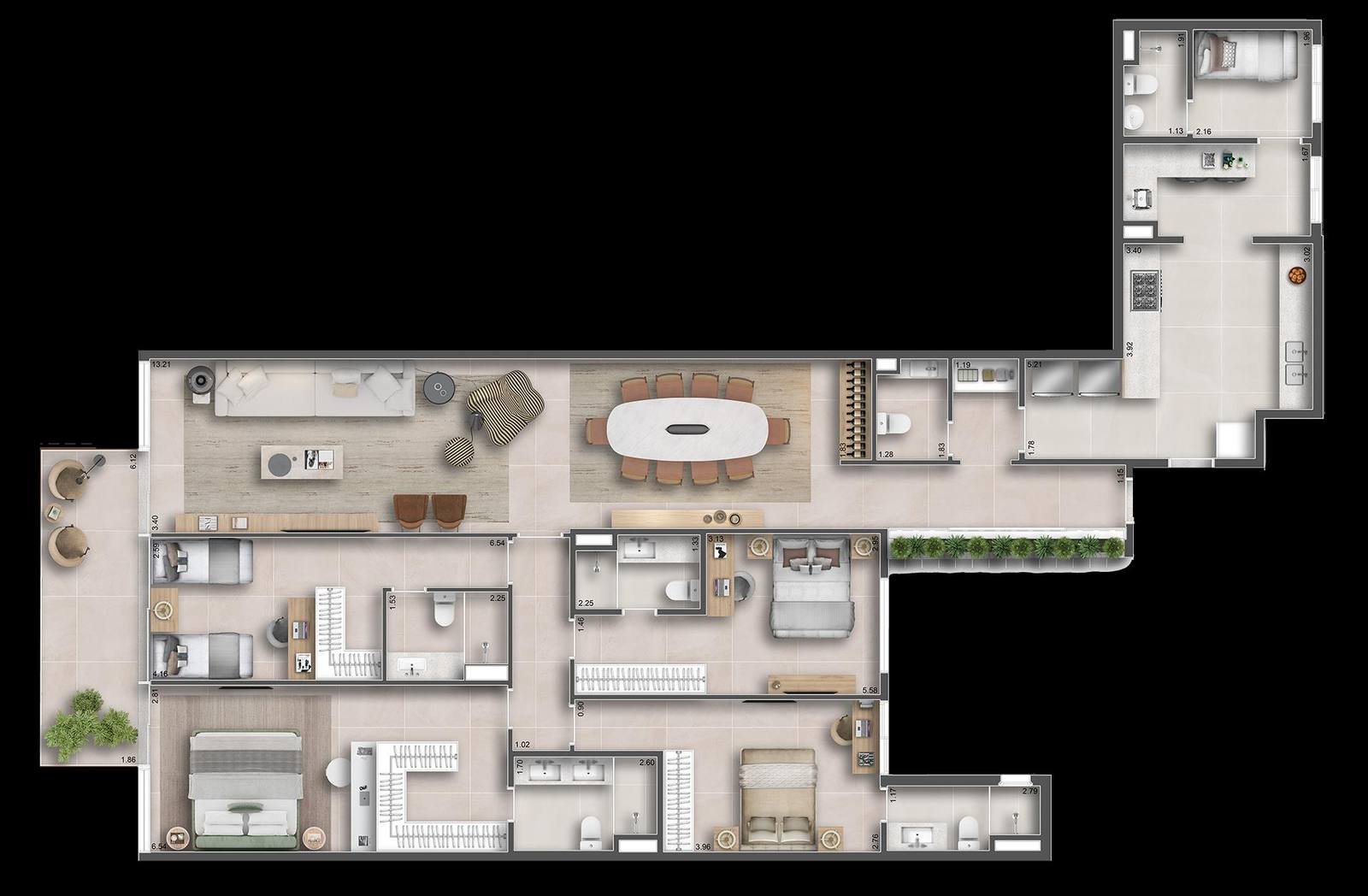 Planta do pavimento tipo dos apartamentos 101 a 701 do Tempo Ipanema, com quatro suítes, estar e jantar integrados, cozinha e dependência