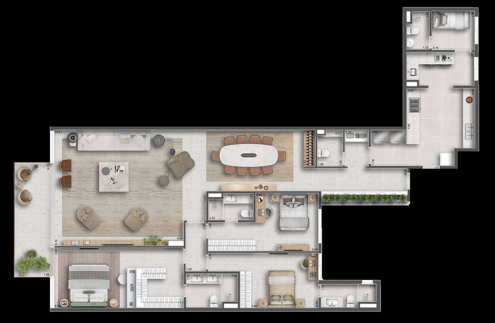 Planta opcional dos apartamentos 101 a 701 do Tempo Ipanema com sala ampliada e três suítes