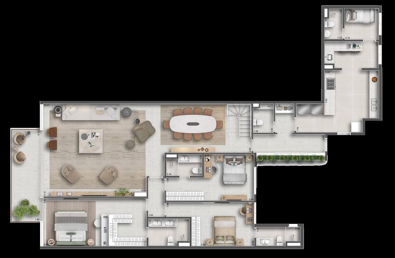 Planta do pavimento inferior da cobertura 801 do Tempo Ipanema, com quatro suítes, estar, jantar, cozinha e a escada para o terraço