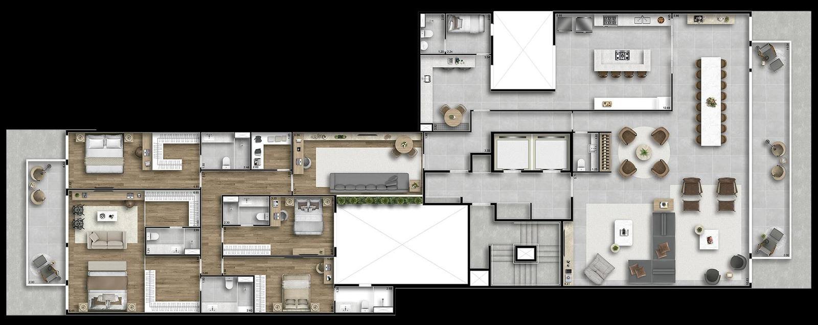 Planta da junção de duas unidades do Tempo Ipanema, formando 360 m² com quatro suítes e quatro vagas