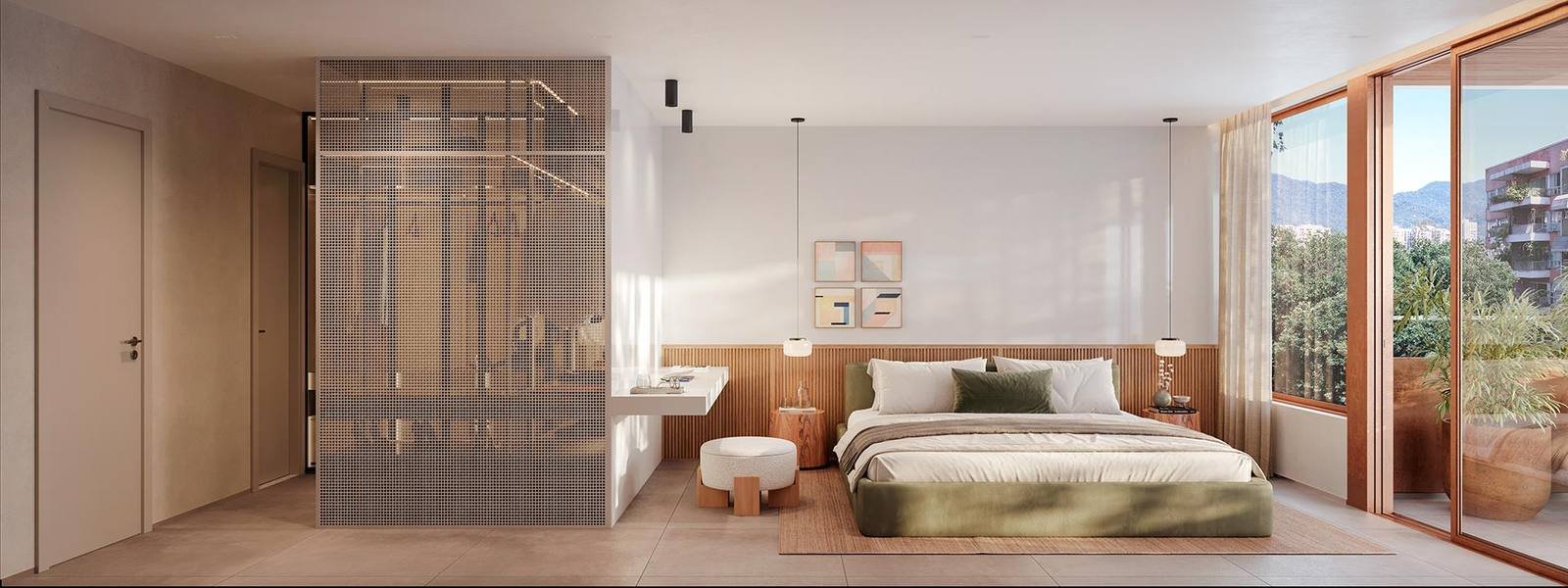 Suíte master de apartamento do Tempo Ipanema, com cama, marcenaria e vista de Ipanema