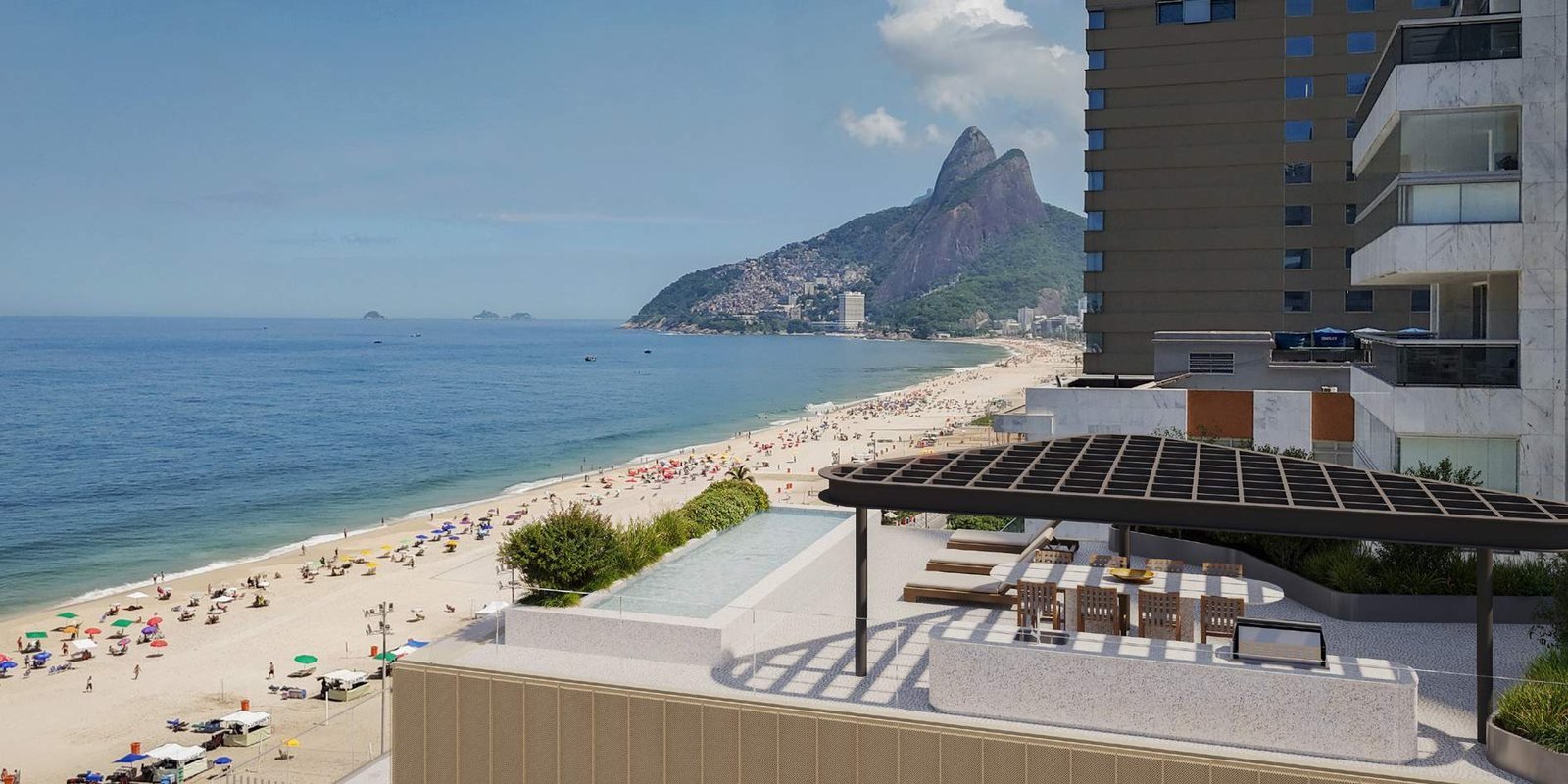 O VIE Vieira Souto 432 na orla de Ipanema, com o Morro Dois Irmãos ao fundo