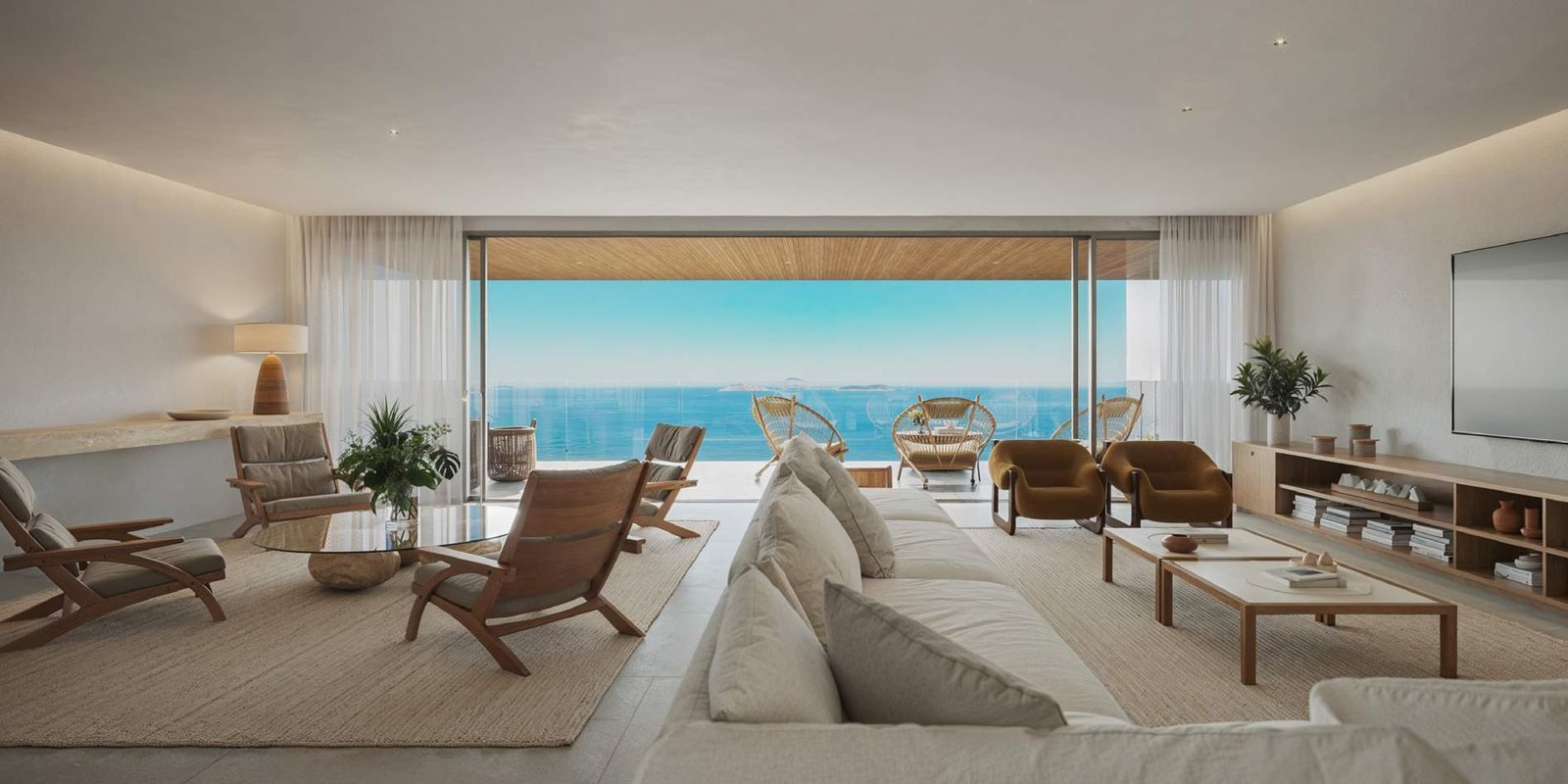 Sala do VIE Vieira Souto 432 aberta para a varanda e o mar de Ipanema