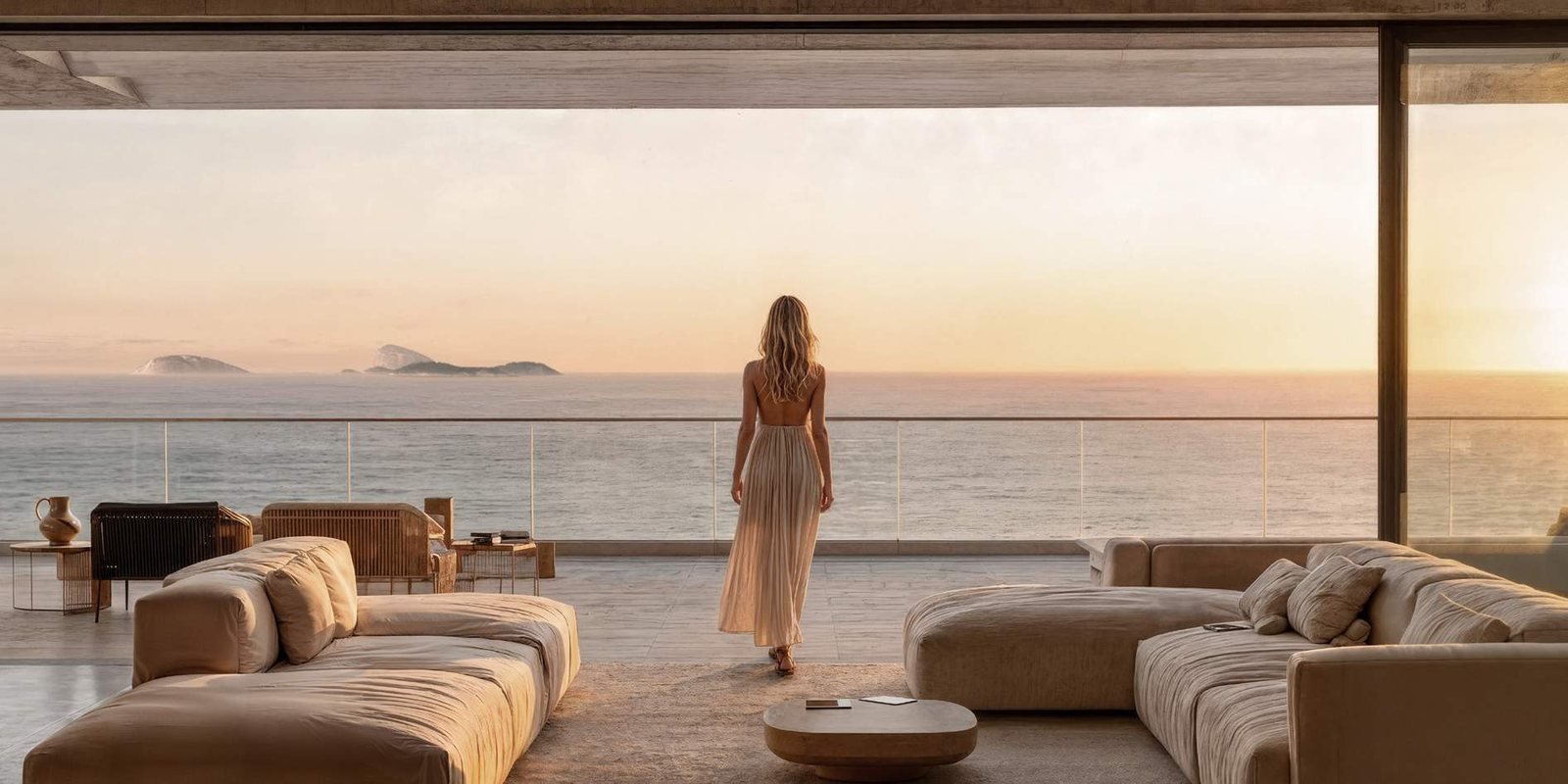 Terraço do VIE Vieira Souto 432 ao entardecer, com vista para as Ilhas Cagarras