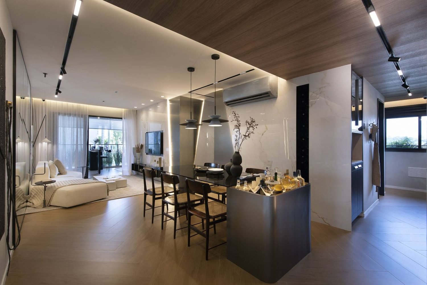 Cozinha integrada ao jantar no decorado de 100 m² do Woods