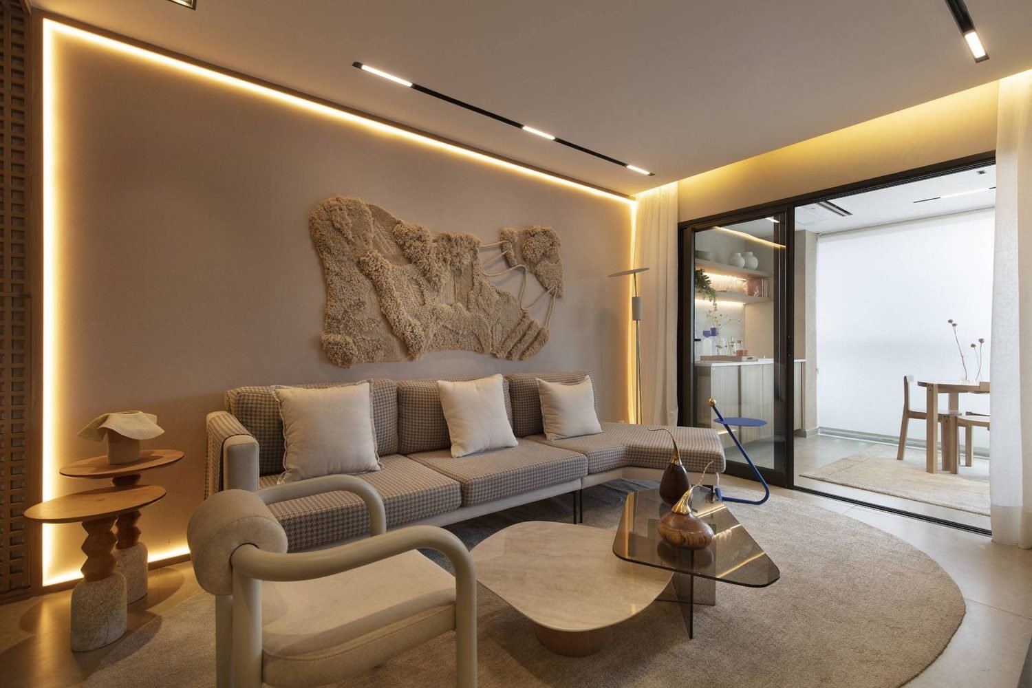 Living integrado à varanda no decorado de 115 m² do Woods