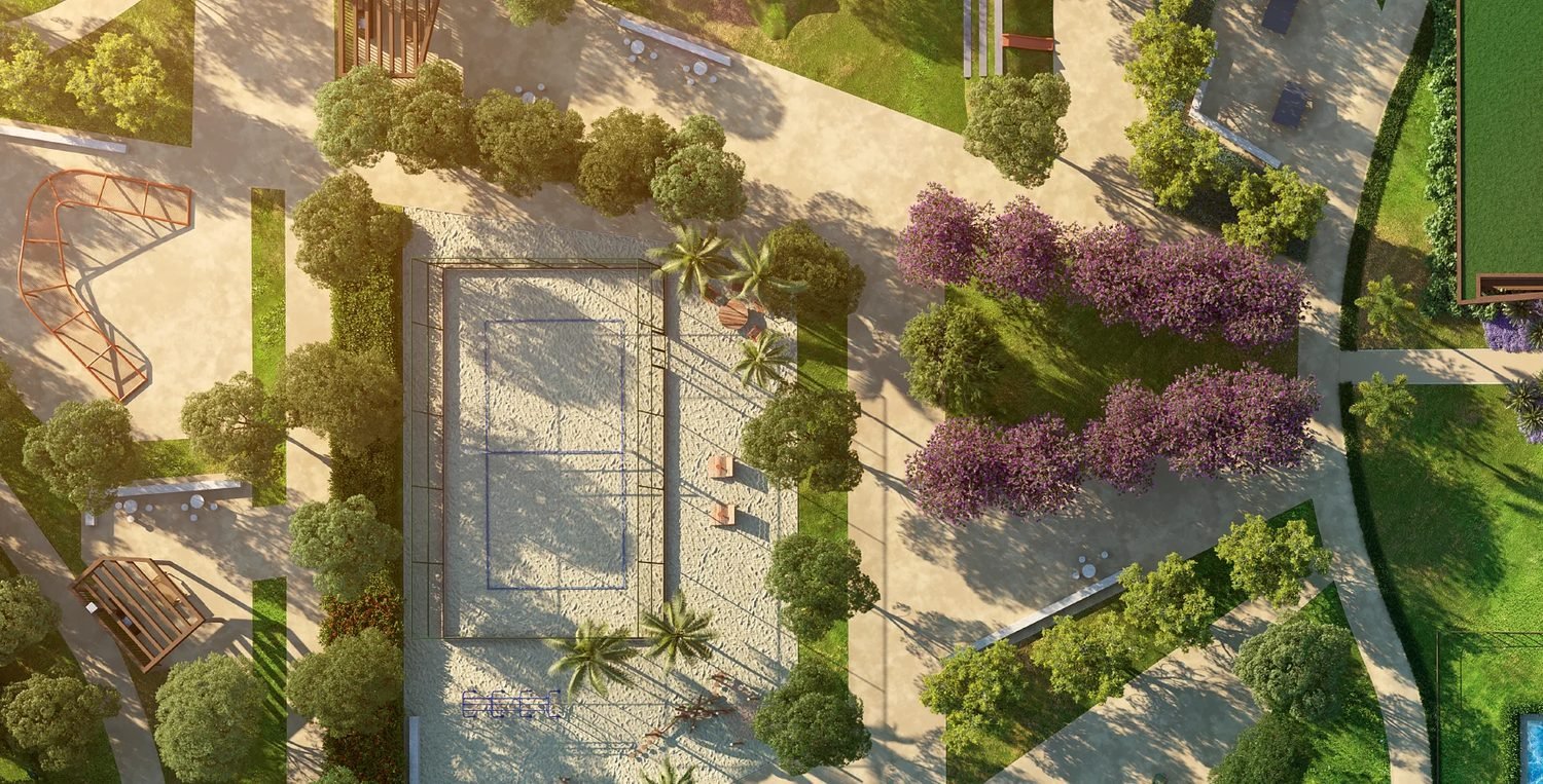 Vista aérea do Woods Park Design by EDSA, com as torres e o parque