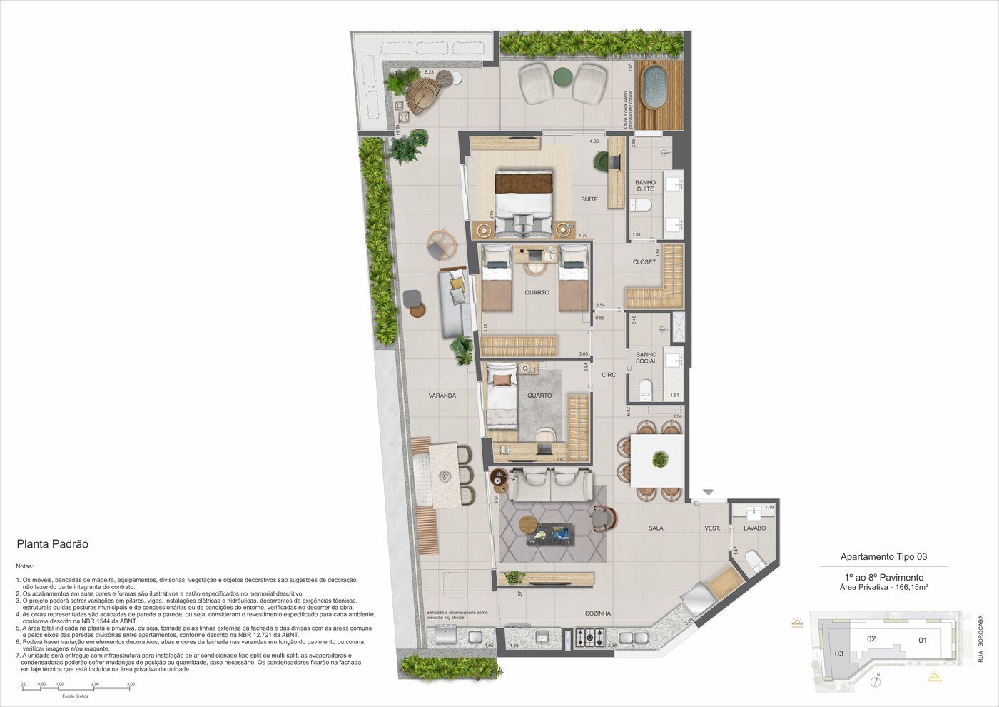 Planta do apartamento tipo 03 do Zenture, com 166,15 m², suíte com closet, dois quartos e varanda ampla