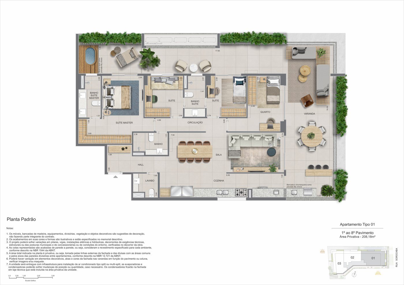 Planta do apartamento tipo 01 do Zenture, com 208,18 m², suíte master, duas suítes, quarto e varanda em L